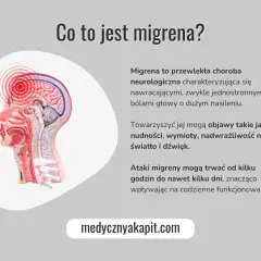 Przedstawienie anatomiczne głowy z zaznaczonym pulsującym bólem głowy na górze, opisujące migrenę jako chorobę neurologiczną.