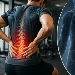 Ból w dolnej części pleców, gdzie widoczny jest podświetlony kregosłup.