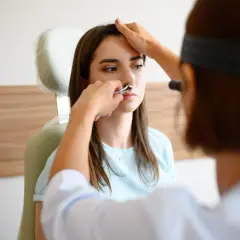 Lekarz bada nos pacjentki, która ma podejrzenie złamanego nosa.