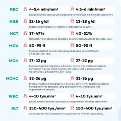 Tabela z wynikami badań krwi: RBC, HGB, HCT, MCV, MCH, MCHC, WBC, PLT. Podane są normy dla każdego parametru, opisujące morfologię.