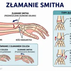 Złamanie Smitha to uraz kości promieniowej z przemieszczeniem odłamu w kierunku dłoniowym. Ilustracja pokazuje typy złamania i porównanie z złamaniem Collesa.