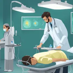 Lekarz przygotowuje się do rektoskopii pacjenta leżącego na stole.