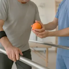 Pacjent z fizjoterapeutą ćwiczy chwyt pomarańczową piłeczką przy poręczy.