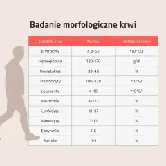 Tabela z badaniem morfologicznym krwi, pokazująca normy dla erytrocytów, hemoglobiny, hematokrytu, trombocytów, leukocytów i innych. Pytanie "pdw co to" może dotyczyć parametrów z tej tabeli.