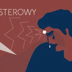 Ilustracja stylizowana: mężczyzna z bólem głowy, łzy, błyskawice bólu.