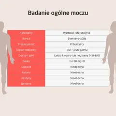 Tabela z wynikami badania ogólnego moczu, pokazująca parametry i wartości referencyjne.