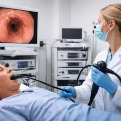 Lekarz wykonuje endoskopię u pacjenta, obraz z kamery na monitorze.