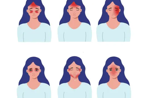 Ilustracje przedstawiają kobiety z różnymi lokalizacjami bólu głowy, w tym z bólem głowy z lewej strony.