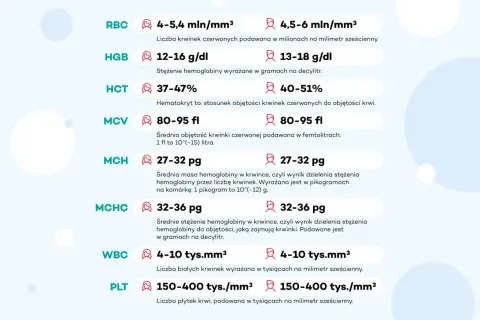 Tabela z wynikami badań krwi: RBC, HGB, HCT, MCV, MCH, MCHC, WBC, PLT. Podane są normy dla każdego parametru, opisujące morfologię.