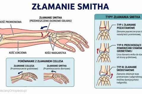 Złamanie Smitha to uraz kości promieniowej z przemieszczeniem odłamu w kierunku dłoniowym. Ilustracja pokazuje typy złamania i porównanie z złamaniem Collesa.