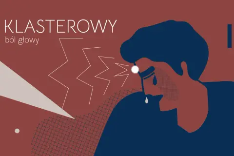Ilustracja stylizowana: mężczyzna z bólem głowy, łzy, błyskawice bólu.