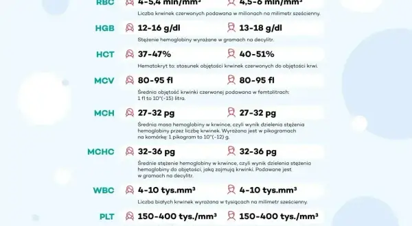 Wyniki mcv morfologia: średnia objętość krwinki czerwonej 80-95 fl. Tabela zawiera normy dla RBC, HGB, HCT, MCH, MCHC, WBC, PLT.