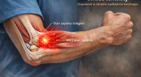 Anatomia łokcia tenisisty z zaznaczonym stanem zapalnym ścięgien i bólem.