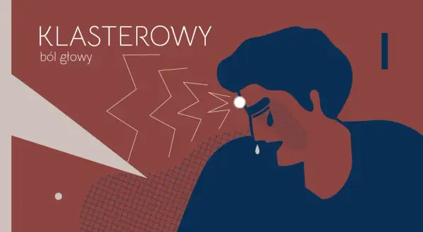 Ilustracja stylizowana: mężczyzna z bólem głowy, łzy, błyskawice bólu.