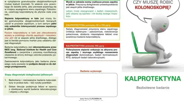 Badanie kalprotektyny w kale: bezbolesny wskaźnik stanu zapalnego jelit. Wyniki pomagają zdecydować o dalszej diagnostyce, np. kolonoskopii.