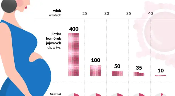 Grafika pokazuje, jak amh badanie wpływa na szanse zajścia w ciążę w zależności od wieku. Liczba komórek jajowych i szanse maleją z wiekiem.