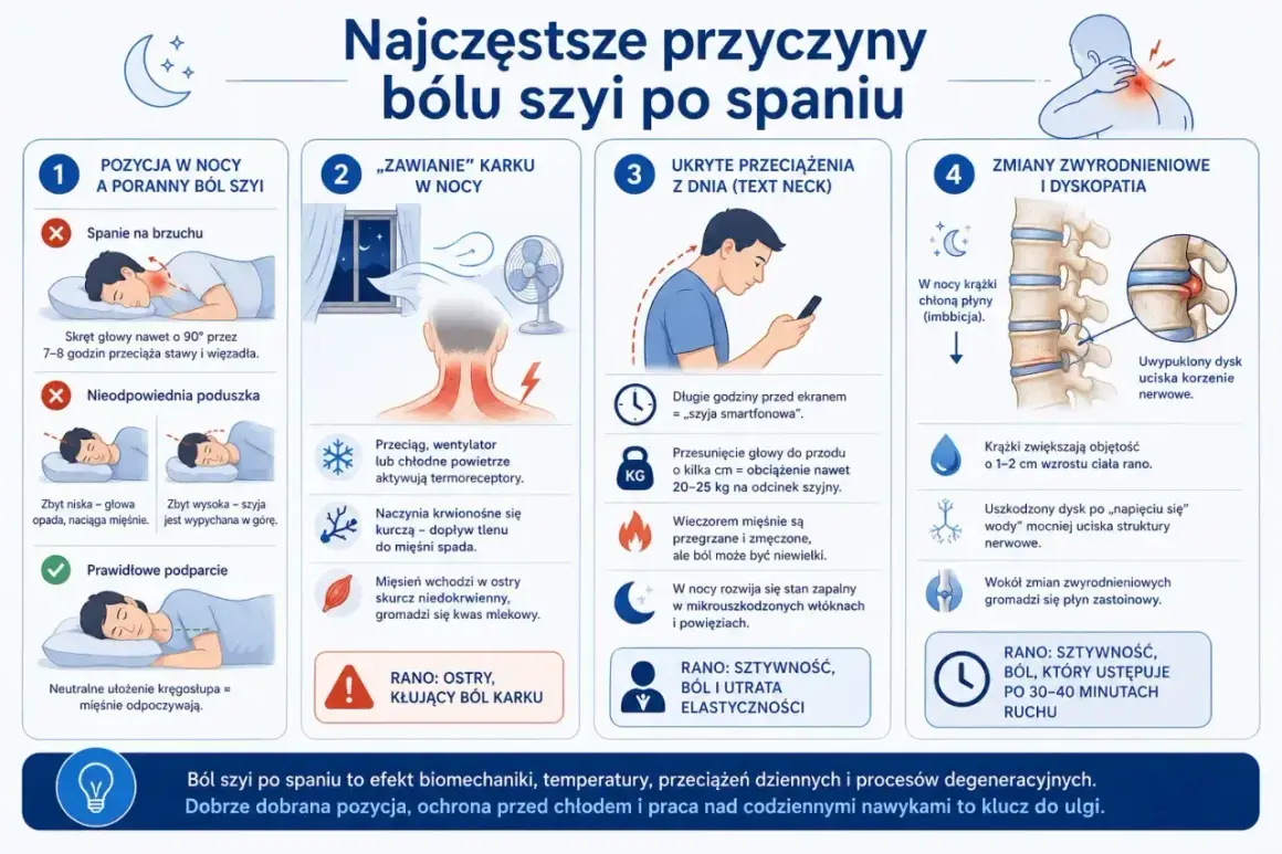 Ból szyi po spaniu: zła pozycja, przeciągi, "szyja smartfonowa" i zmiany zwyrodnieniowe to główne przyczyny.
