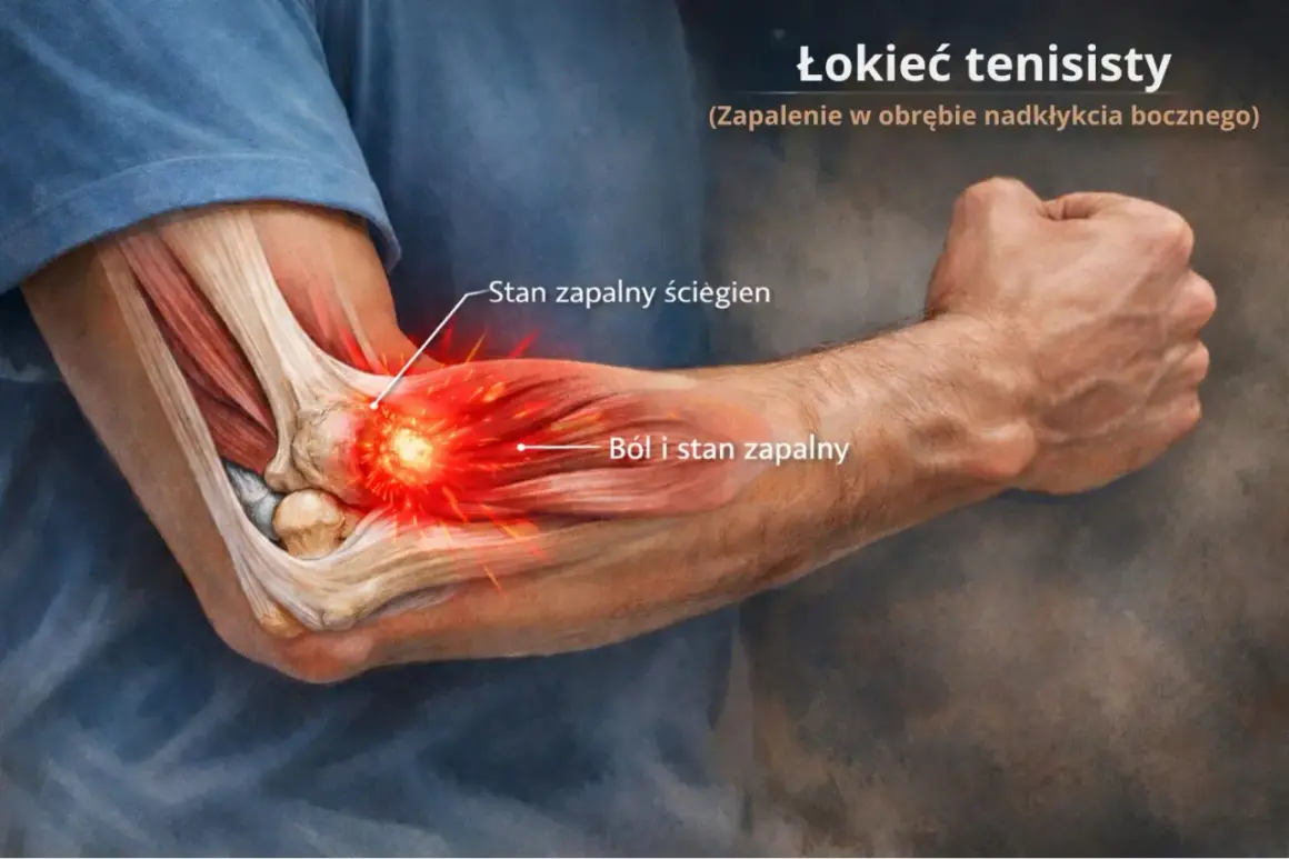 Anatomia łokcia tenisisty z zaznaczonym stanem zapalnym ścięgien i bólem.