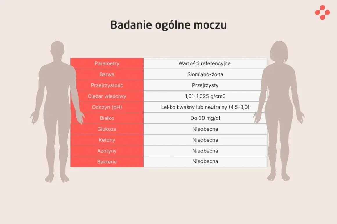 Tabela z wynikami badania ogólnego moczu, pokazująca parametry i wartości referencyjne.