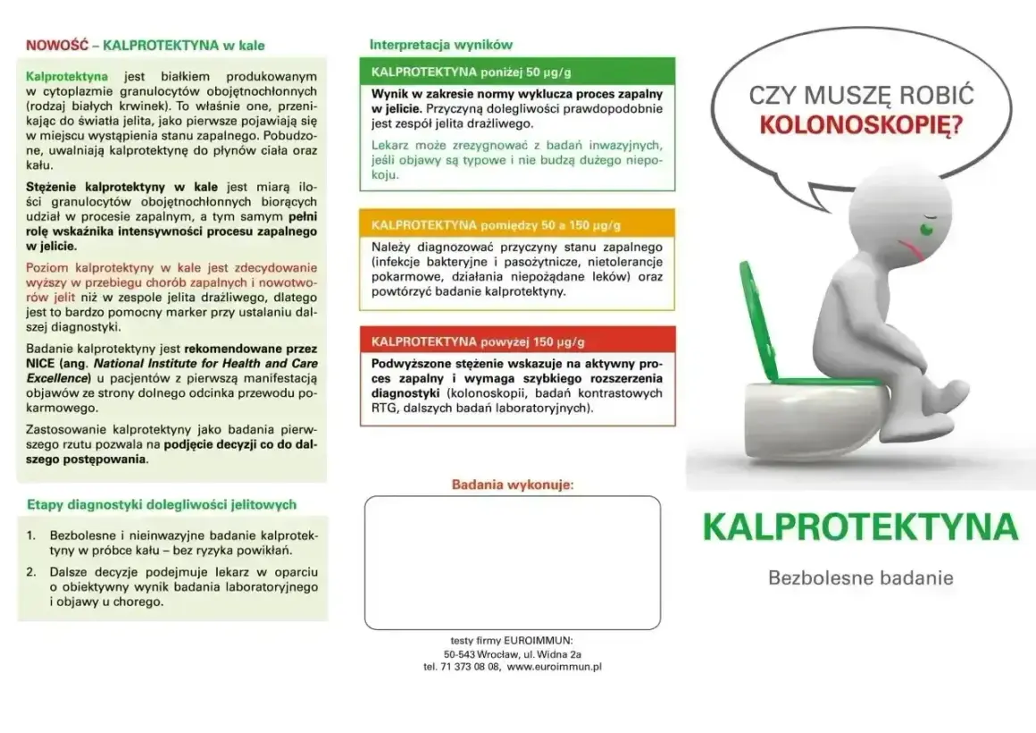 Badanie kalprotektyny w kale: bezbolesny wskaźnik stanu zapalnego jelit. Wyniki pomagają zdecydować o dalszej diagnostyce, np. kolonoskopii.