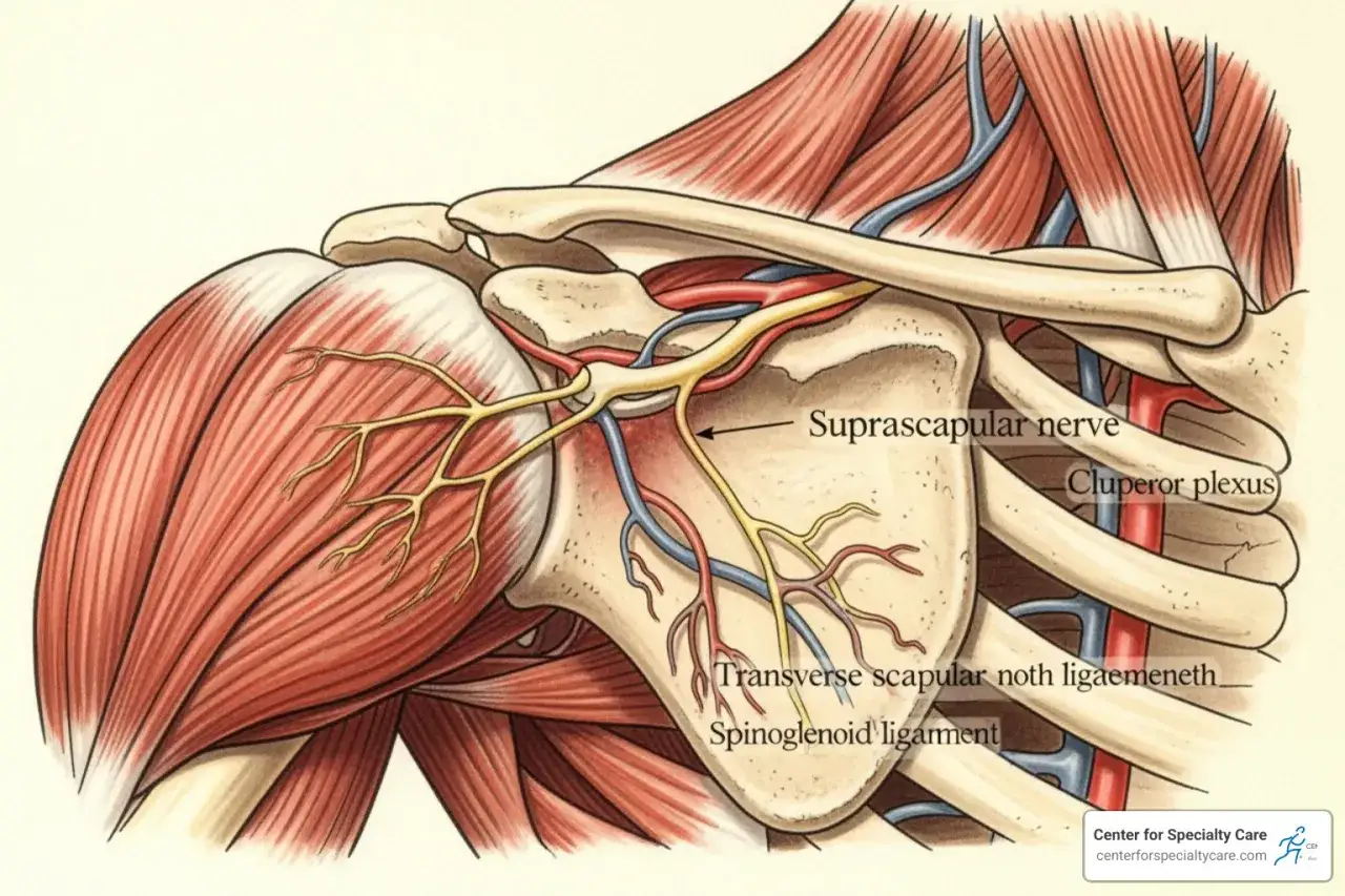 Anatomia barku, ukazująca nerw nadłopatkowy i splot łopatkowy. Ból pod łopatką może być związany z tymi strukturami.