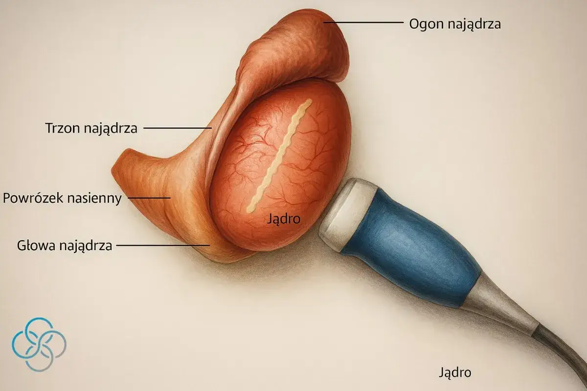 Badanie USG jądra, które może pomóc zdiagnozować ból jądra. Widoczne są jego części: głowa, trzon i ogon najądrza.
