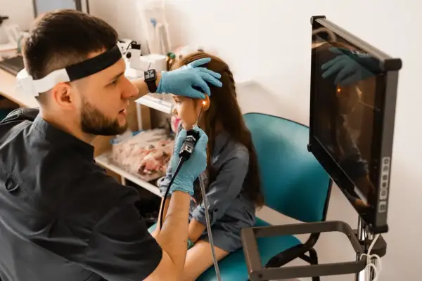 Lekarz wykonuje endoskopię laryngologiczną u dziecka, badając ucho za pomocą endoskopu. Obraz z kamery widoczny na monitorze.