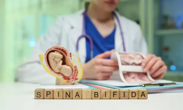 Model płodu i kostki z napisem "SPINA BIFIDA" symbolizują wady rozwojowe kręgosłupa.