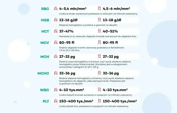 Wyniki mcv morfologia: średnia objętość krwinki czerwonej 80-95 fl. Tabela zawiera normy dla RBC, HGB, HCT, MCH, MCHC, WBC, PLT.