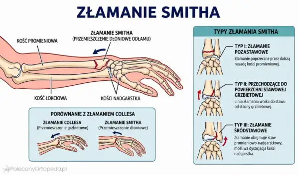 Złamanie Smitha to uraz kości promieniowej z przemieszczeniem odłamu w kierunku dłoniowym. Ilustracja pokazuje typy złamania i porównanie z złamaniem Collesa.
