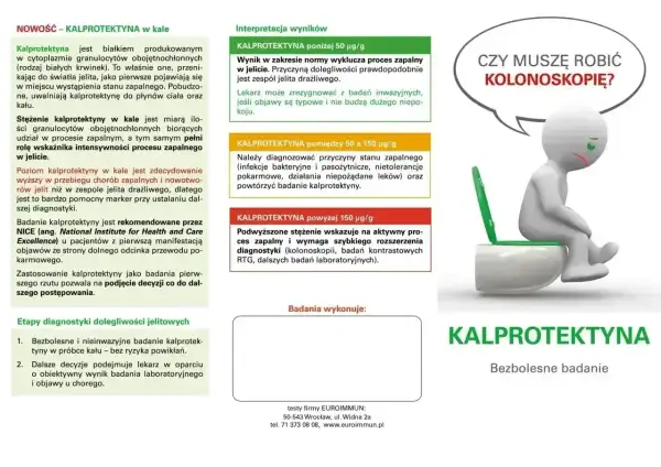 Badanie kalprotektyny w kale: bezbolesny wskaźnik stanu zapalnego jelit. Wyniki pomagają zdecydować o dalszej diagnostyce, np. kolonoskopii.